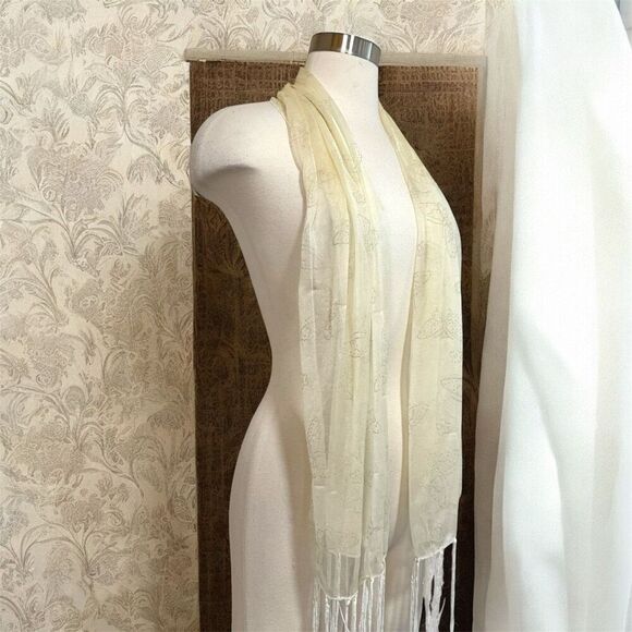 Cream Tan Butterfly Y2K Neck Scarf 90s Fringe Tassel Rhinestone - Picture 2 of 7
